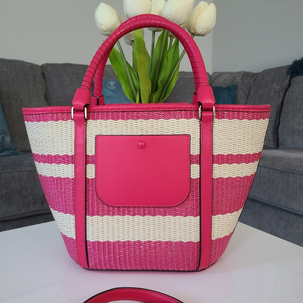 Like New - Kate Spade Straw Satchel  w/crossbody strap - Picture 3 of 16